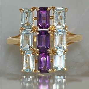 Vintage 14K Gold Amethyst Aquamarine Baguette Cocktail Ring Statement